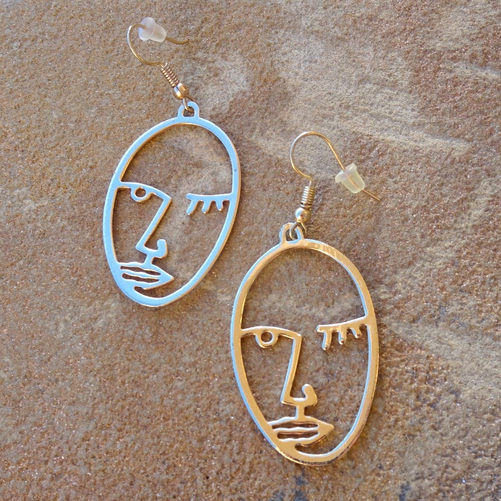 Abstract Artsy Unique Winking Face Shiny Gold Plated Dangle Statement Earrings
